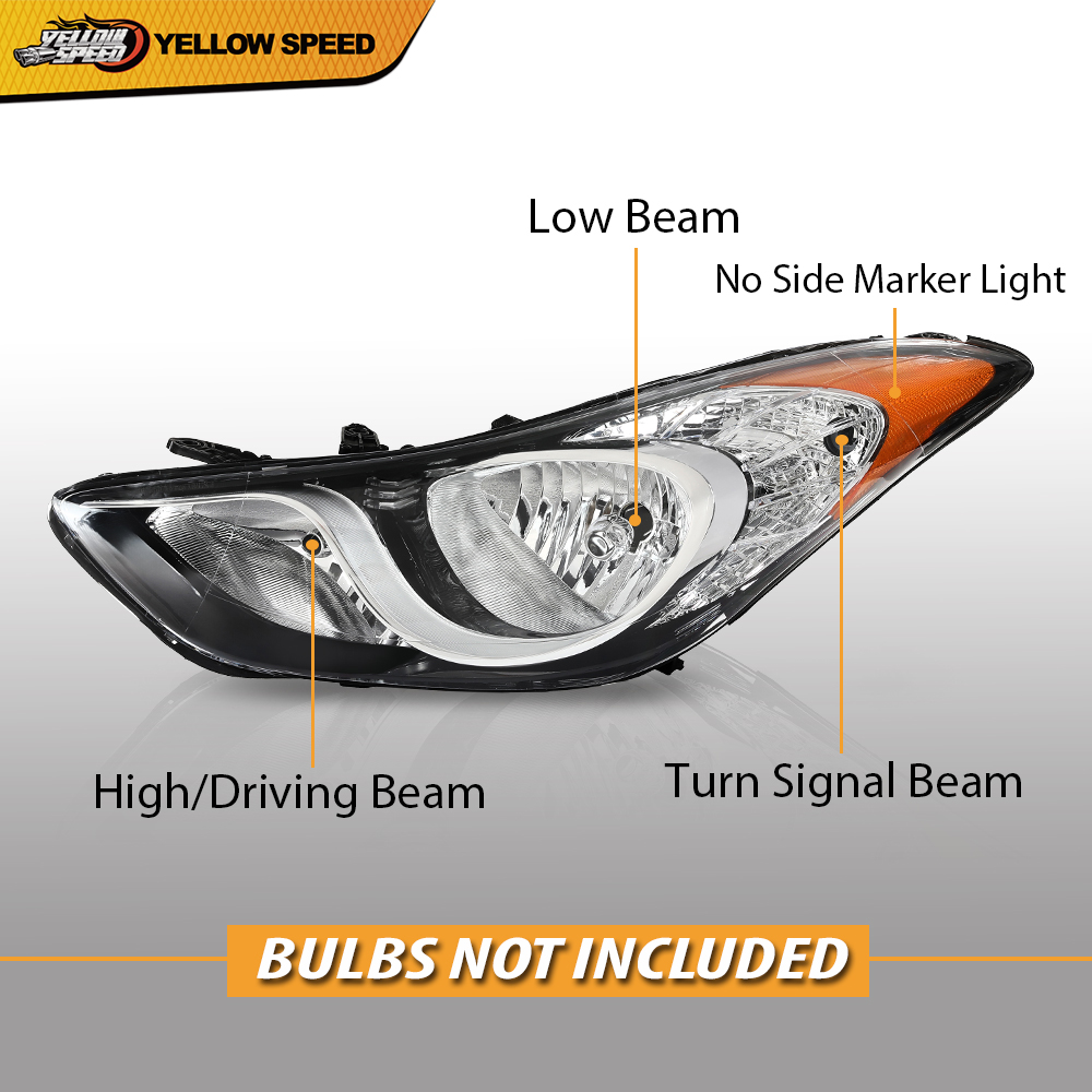 Pair Halogen Headlight Assemblies For 2011-2013 Hyundai Elantra – Black Housing, Clear Lens