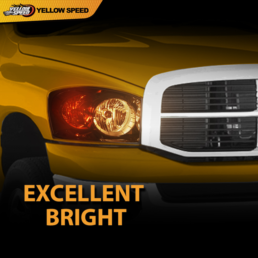 Chrome Housing Headlights Pair For 2006-2008 Dodge Ram 1500 2500 3500 - Amber Reflector, DOT/SAE
